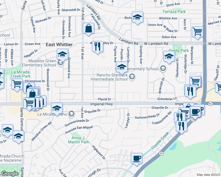 map of restaurants, bars, coffee shops, grocery stores, and more near 12215 Tigrina Avenue in Whittier