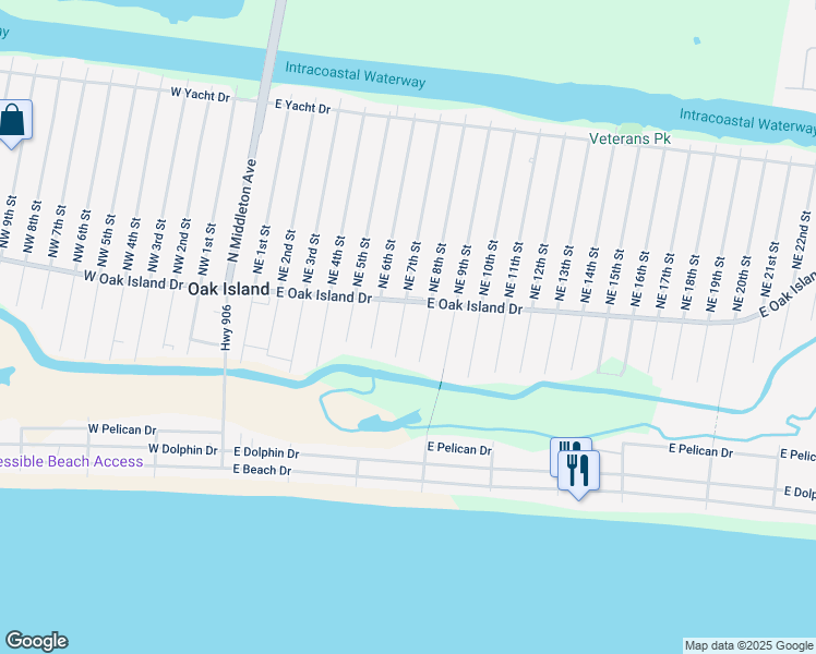 map of restaurants, bars, coffee shops, grocery stores, and more near 106 Southeast 7th Street in Oak Island