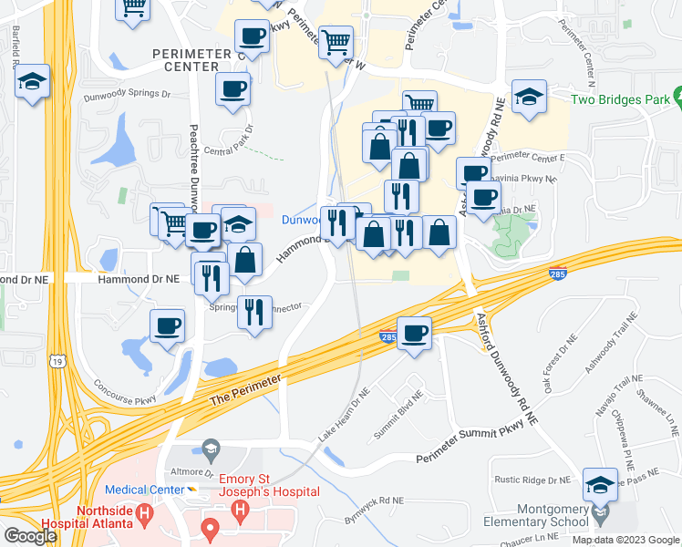 map of restaurants, bars, coffee shops, grocery stores, and more near 244 Perimeter Center Parkway Northeast in Atlanta