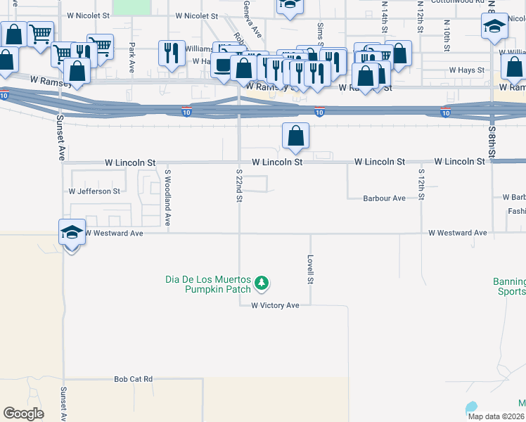 map of restaurants, bars, coffee shops, grocery stores, and more near in Banning