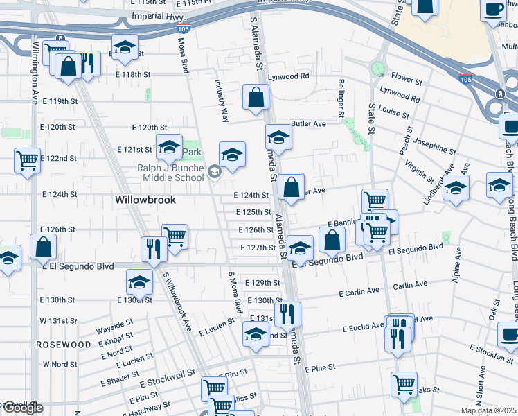 map of restaurants, bars, coffee shops, grocery stores, and more near 2622 East 124th Street in Compton