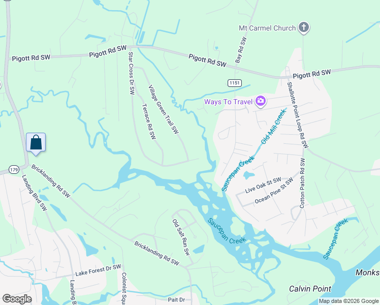 map of restaurants, bars, coffee shops, grocery stores, and more near 4410 Village Green Trail Southwest in Shallotte