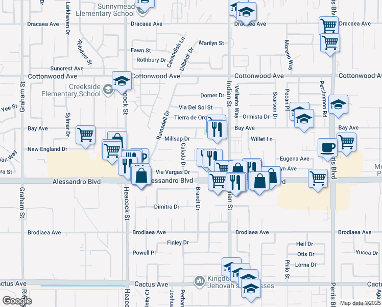 map of restaurants, bars, coffee shops, grocery stores, and more near 24290 Dabney Drive in Moreno Valley