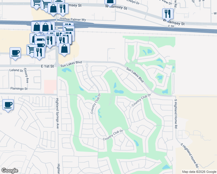 map of restaurants, bars, coffee shops, grocery stores, and more near 738 Torrey Pines Road in Banning
