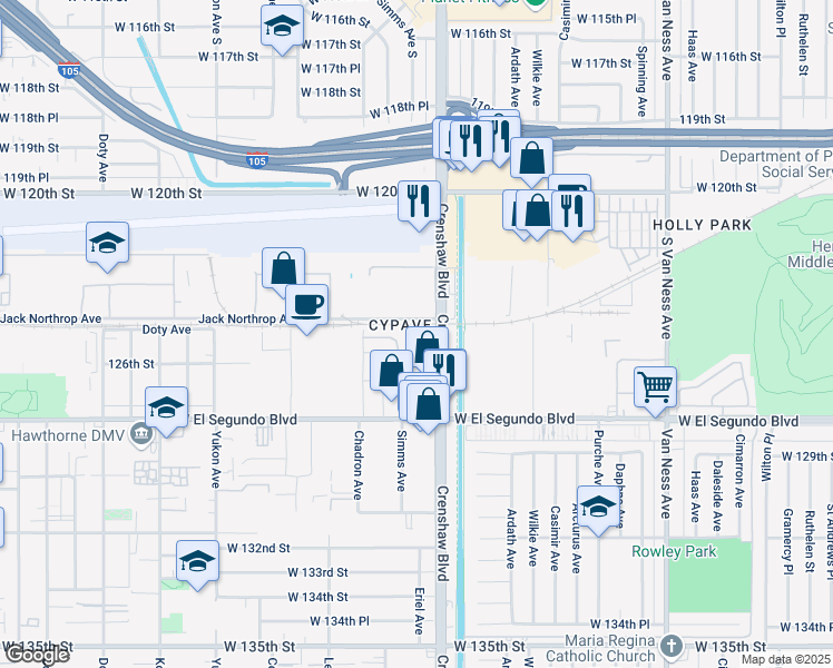 map of restaurants, bars, coffee shops, grocery stores, and more near 12521 Crenshaw Boulevard in Hawthorne
