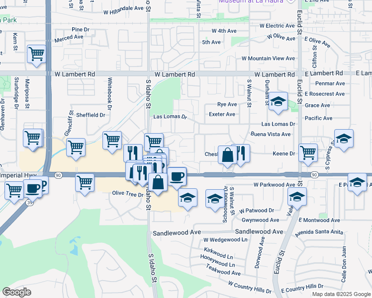 map of restaurants, bars, coffee shops, grocery stores, and more near 1041 La Casa Avenue in La Habra