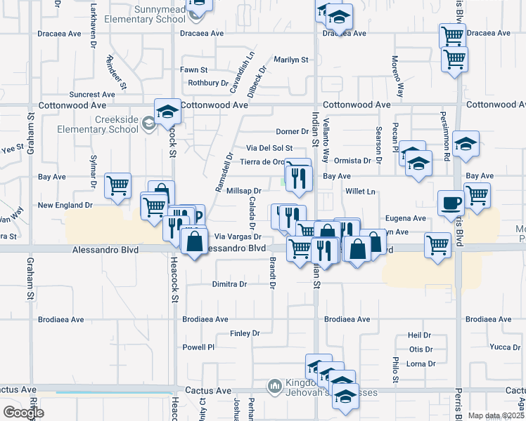 map of restaurants, bars, coffee shops, grocery stores, and more near 24290 Dabney Drive in Moreno Valley