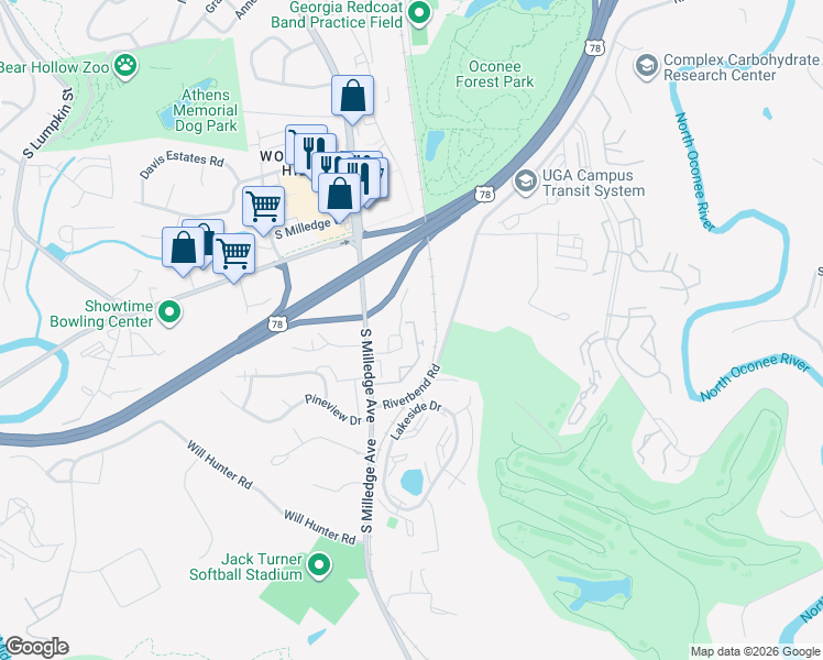 map of restaurants, bars, coffee shops, grocery stores, and more near 2165 South Milledge Avenue in Athens