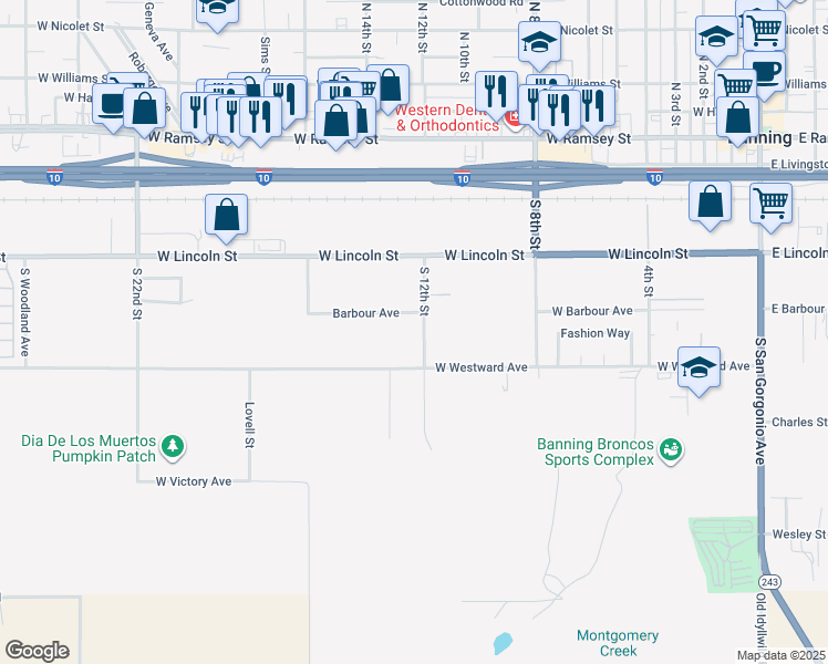 map of restaurants, bars, coffee shops, grocery stores, and more near 681 South 12th Street in Banning