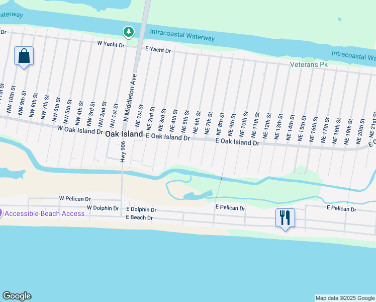 map of restaurants, bars, coffee shops, grocery stores, and more near 105 Southeast 6th Street in Oak Island