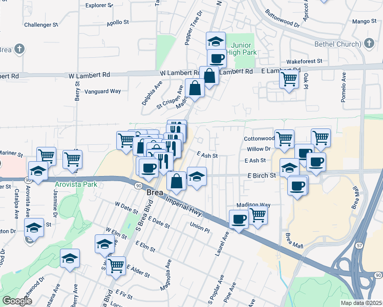 map of restaurants, bars, coffee shops, grocery stores, and more near 202 East Ash Street in Brea