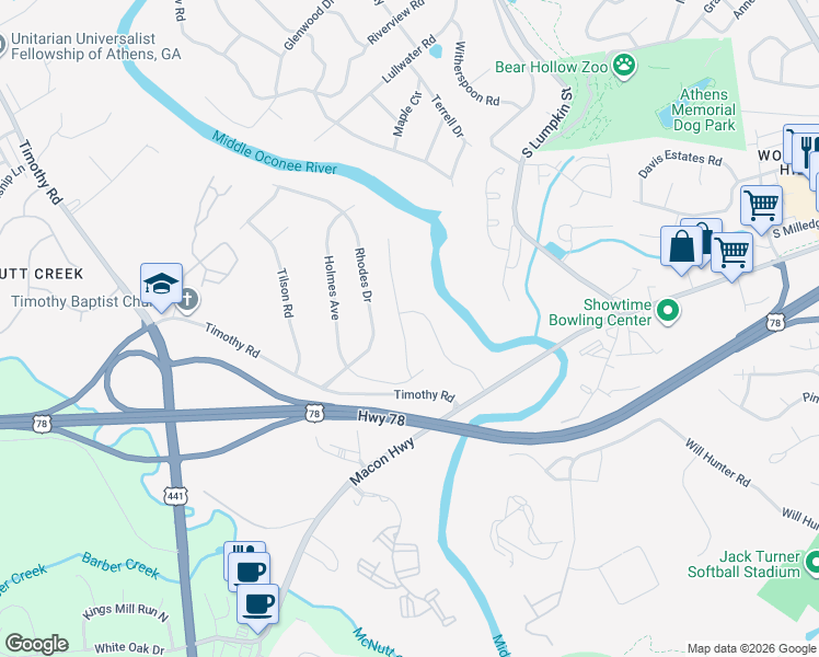 map of restaurants, bars, coffee shops, grocery stores, and more near 850 Macon Highway in Athens