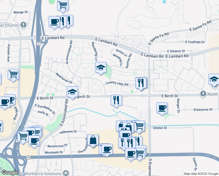 map of restaurants, bars, coffee shops, grocery stores, and more near 2328 Carrotwood Drive in Brea