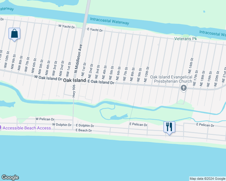 map of restaurants, bars, coffee shops, grocery stores, and more near 105 Southeast 6th Street in Oak Island