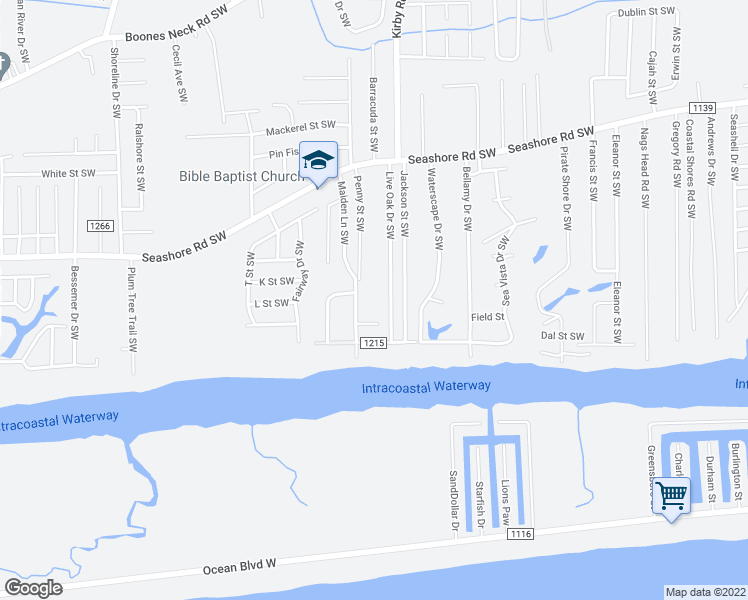 map of restaurants, bars, coffee shops, grocery stores, and more near 2697 Penny Street Southwest in Brunswick