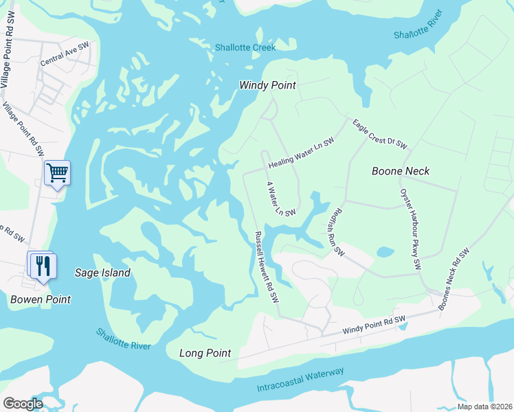 map of restaurants, bars, coffee shops, grocery stores, and more near 1838 Russell Hewett Rd SW in Brunswick