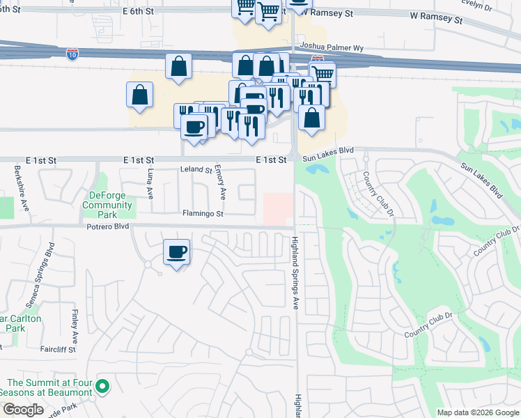 map of restaurants, bars, coffee shops, grocery stores, and more near 78 Cold Spring Avenue in Beaumont