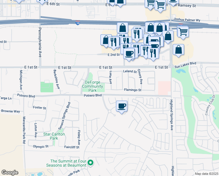 map of restaurants, bars, coffee shops, grocery stores, and more near 1496 Flamingo Street in Beaumont