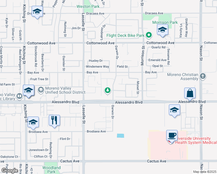 map of restaurants, bars, coffee shops, grocery stores, and more near 13882 Azure Street in Moreno Valley