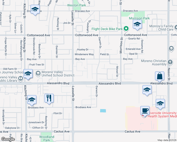 map of restaurants, bars, coffee shops, grocery stores, and more near 13876 Vantage Street in Moreno Valley