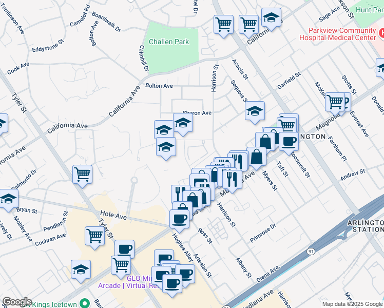 map of restaurants, bars, coffee shops, grocery stores, and more near 9814 County Farm Road in Riverside