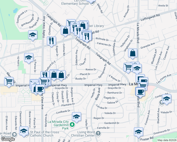 map of restaurants, bars, coffee shops, grocery stores, and more near 14532 Keese Drive in Whittier