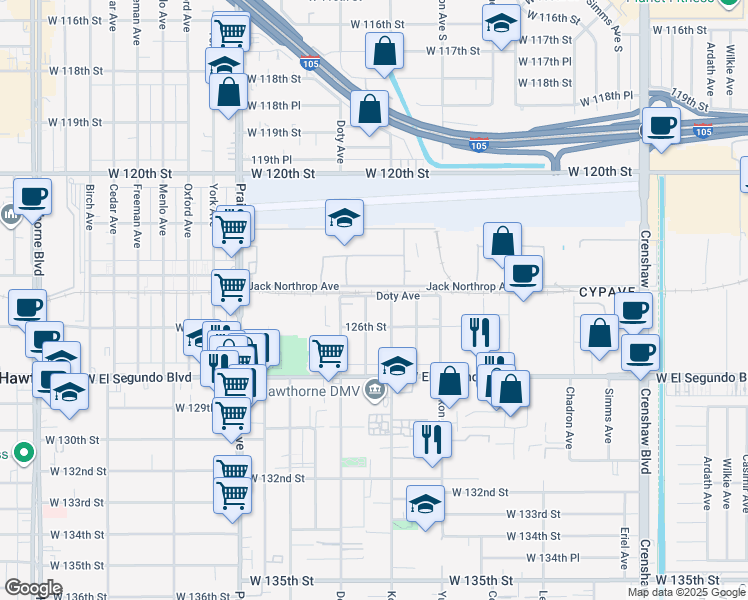 map of restaurants, bars, coffee shops, grocery stores, and more near 12500 Fonthill Avenue in Hawthorne