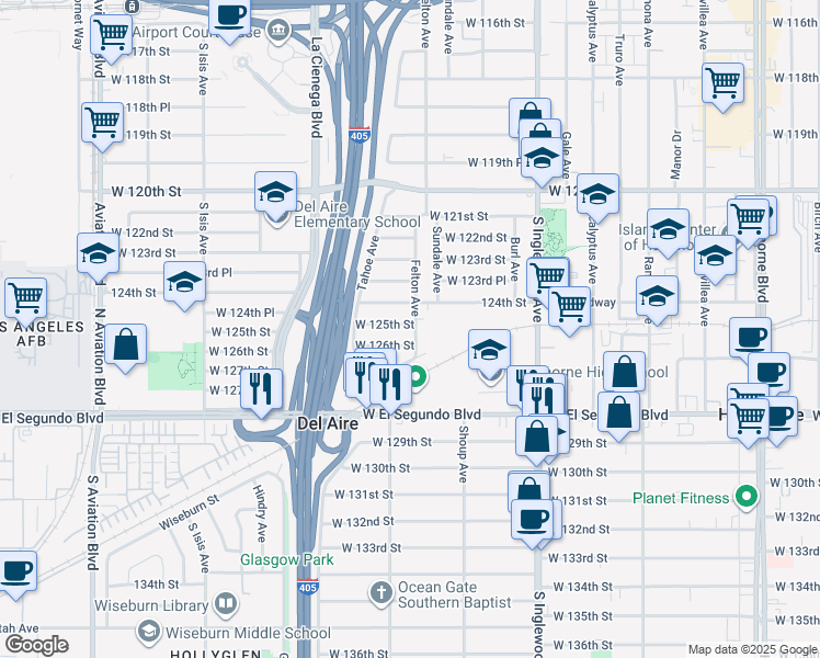 map of restaurants, bars, coffee shops, grocery stores, and more near 5011 West 125th Street in Hawthorne