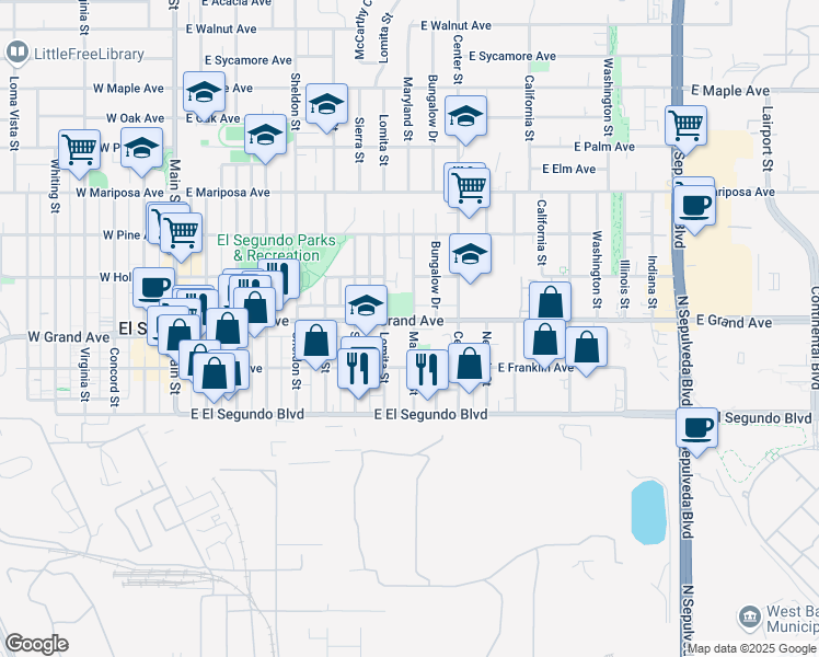 map of restaurants, bars, coffee shops, grocery stores, and more near 818 East Grand Avenue in El Segundo