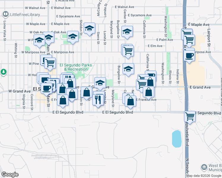 map of restaurants, bars, coffee shops, grocery stores, and more near 818 East Grand Avenue in El Segundo
