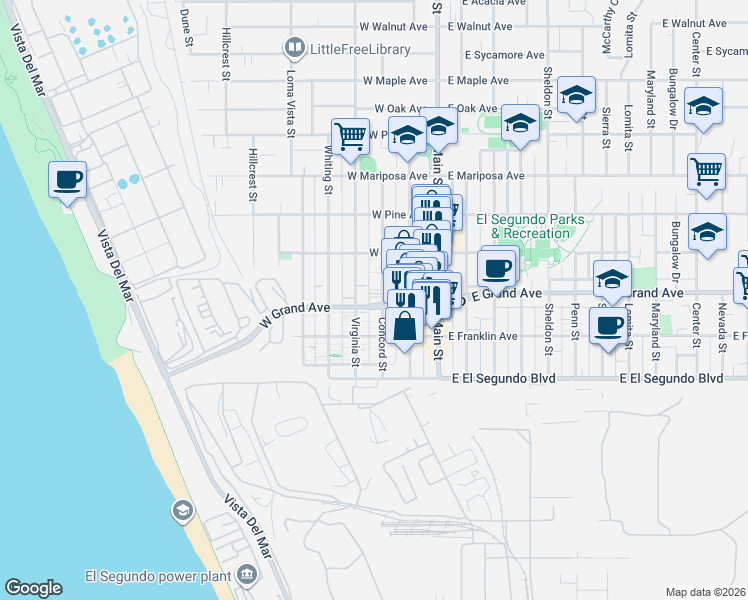 map of restaurants, bars, coffee shops, grocery stores, and more near 314 Virginia Street in El Segundo