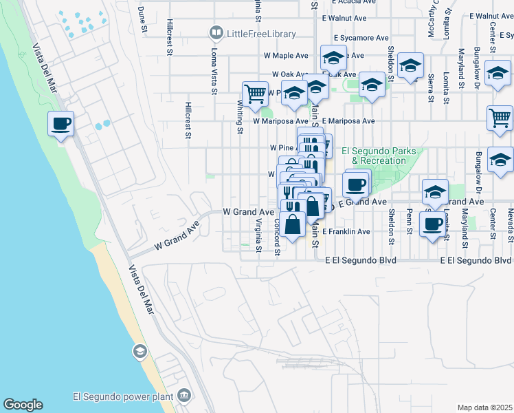 map of restaurants, bars, coffee shops, grocery stores, and more near 314 Virginia Street in El Segundo