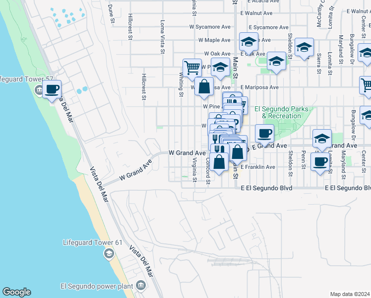 map of restaurants, bars, coffee shops, grocery stores, and more near 320 Whiting Street in El Segundo