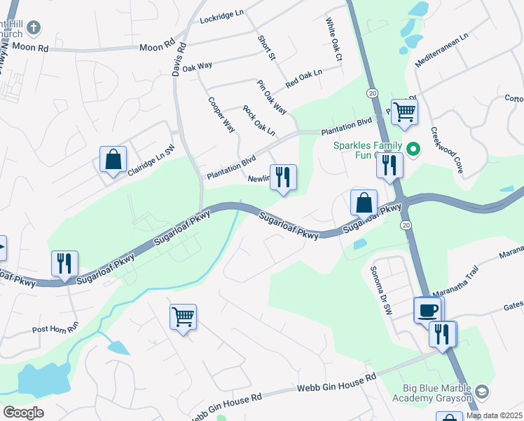 map of restaurants, bars, coffee shops, grocery stores, and more near 2205 Sugarloaf Parkway in Lawrenceville