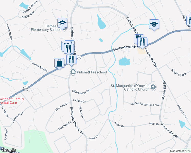 map of restaurants, bars, coffee shops, grocery stores, and more near 310 Amberwood Drive Northwest in Lawrenceville