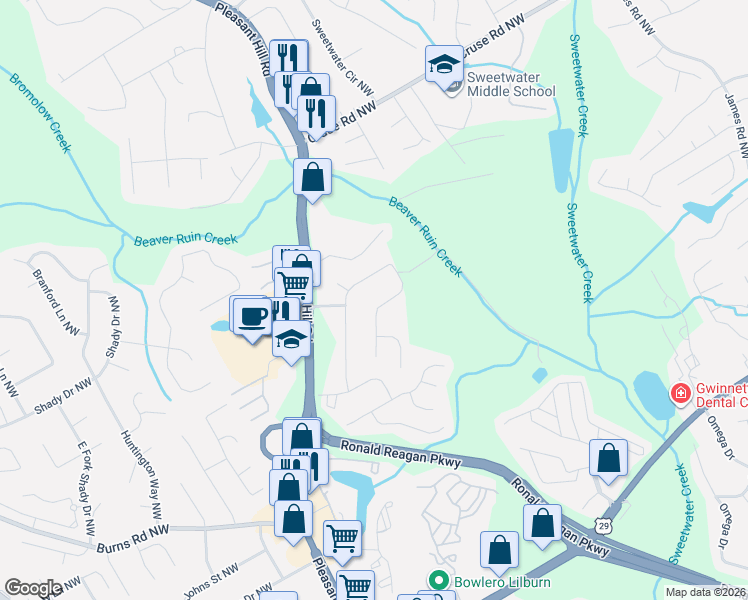 map of restaurants, bars, coffee shops, grocery stores, and more near 874 Rebecca Street Northwest in Lilburn