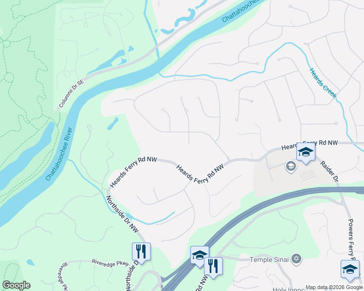 map of restaurants, bars, coffee shops, grocery stores, and more near 6030 River Chase Circle Northwest in Atlanta
