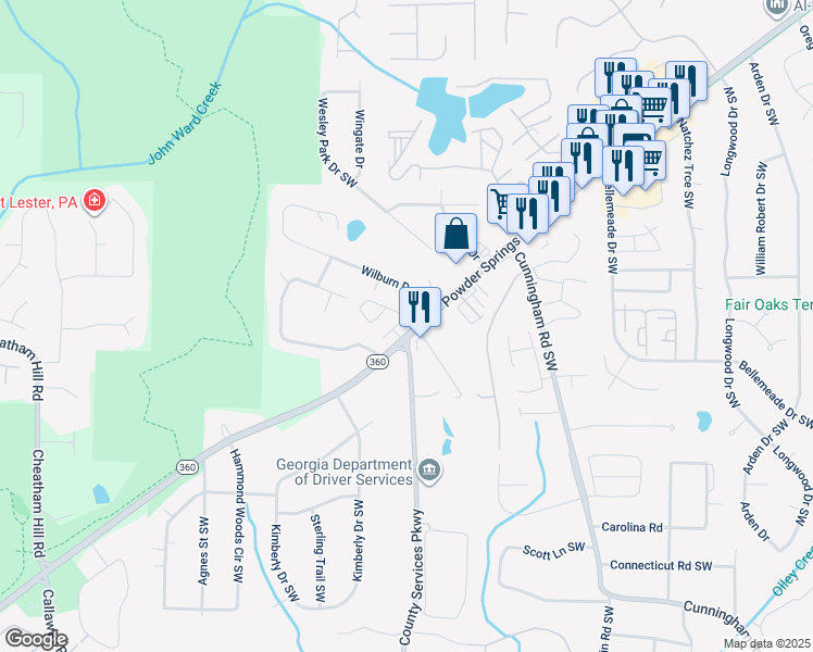 map of restaurants, bars, coffee shops, grocery stores, and more near 997 Wilburn Drive Southwest in Marietta