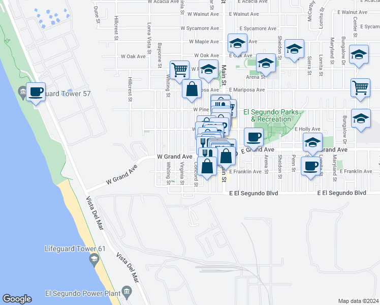map of restaurants, bars, coffee shops, grocery stores, and more near 303 West Grand Avenue in El Segundo