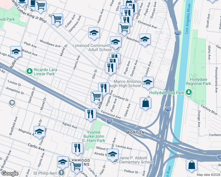 map of restaurants, bars, coffee shops, grocery stores, and more near 11560 Atlantic Avenue in Lynwood
