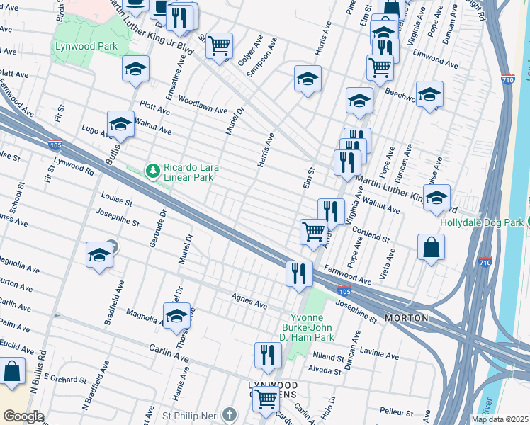 map of restaurants, bars, coffee shops, grocery stores, and more near 4239 Brewster Avenue in Lynwood