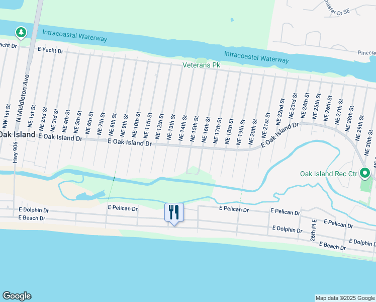 map of restaurants, bars, coffee shops, grocery stores, and more near 1407 East Oak Island Drive in Oak Island
