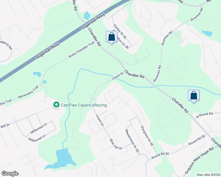 map of restaurants, bars, coffee shops, grocery stores, and more near 103 Silver Top Drive Southeast in Grayson