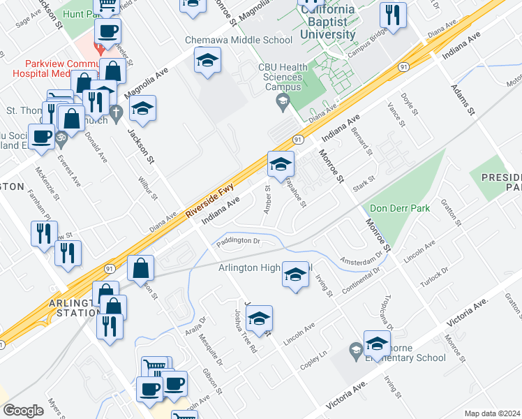 map of restaurants, bars, coffee shops, grocery stores, and more near 8917 Amber Street in Riverside