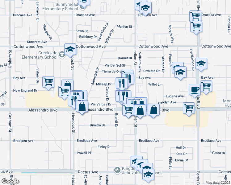 map of restaurants, bars, coffee shops, grocery stores, and more near 24345 Dabney Drive in Moreno Valley