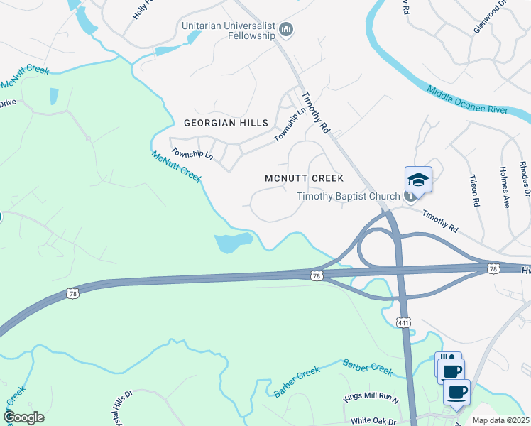 map of restaurants, bars, coffee shops, grocery stores, and more near 335 Greystone Terrace in Athens