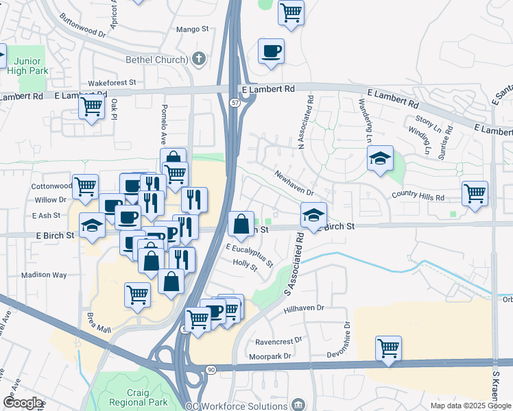map of restaurants, bars, coffee shops, grocery stores, and more near 1717 East Birch Street in Brea