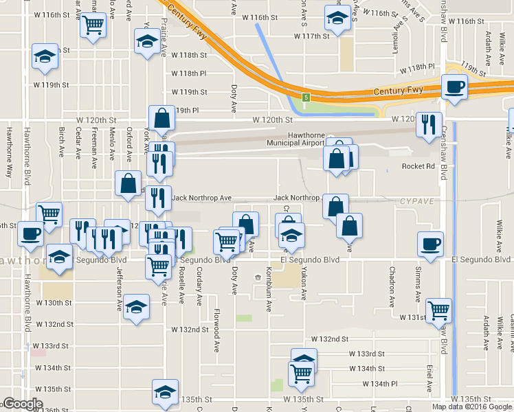 map of restaurants, bars, coffee shops, grocery stores, and more near 12500 Fonthill Avenue in Hawthorne
