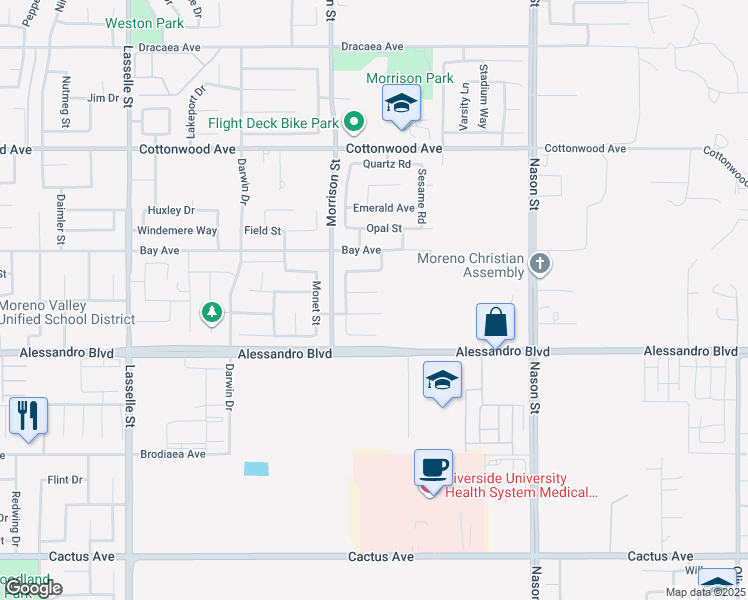 map of restaurants, bars, coffee shops, grocery stores, and more near 26589 Sage Brush Court in Moreno Valley