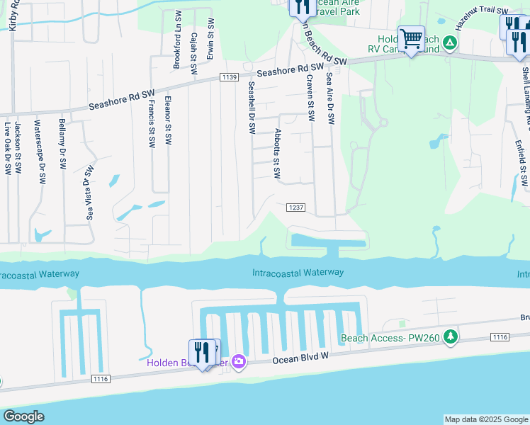 map of restaurants, bars, coffee shops, grocery stores, and more near 1987 Styron's Landing Road Southwest in Brunswick